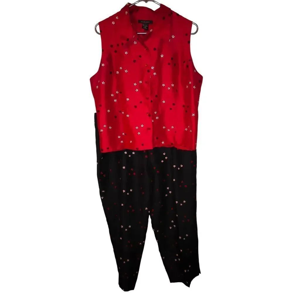 Silkland 100% Silk sleeveless button-down top and matching trousers Red black wh